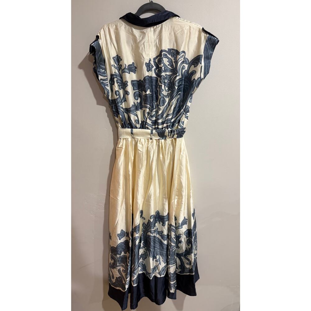 Cream and Blue Printed Midi Shirt Dress with Tie Waist - Picture 7 of 7